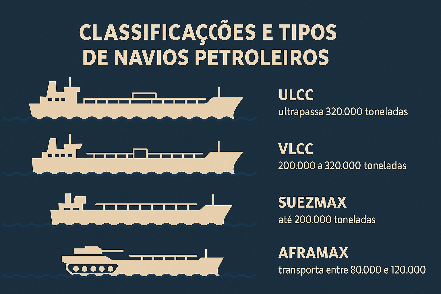 Infográfico ilustrando los principales tipos de petroleros clasificados por capacidad: ULCC, VLCC, Suezmax y Aframax.