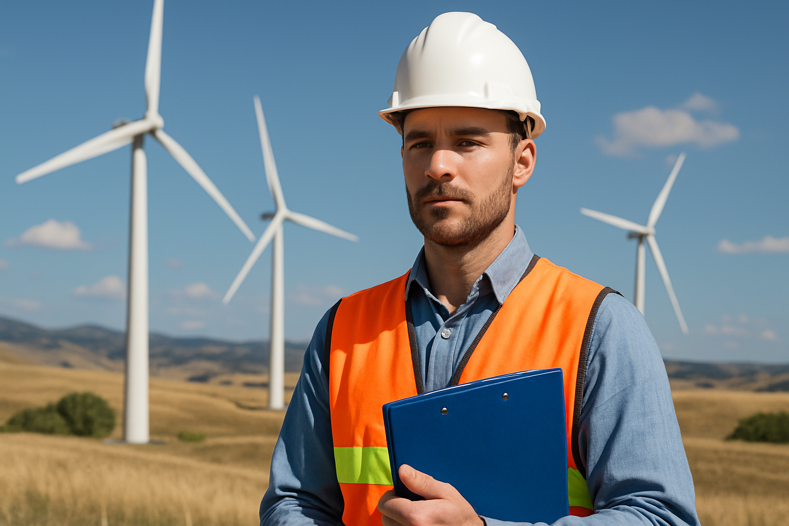 Engenheiro da área de energia eólica com colete de segurança em frente a turbinas eólicas em campo aberto.