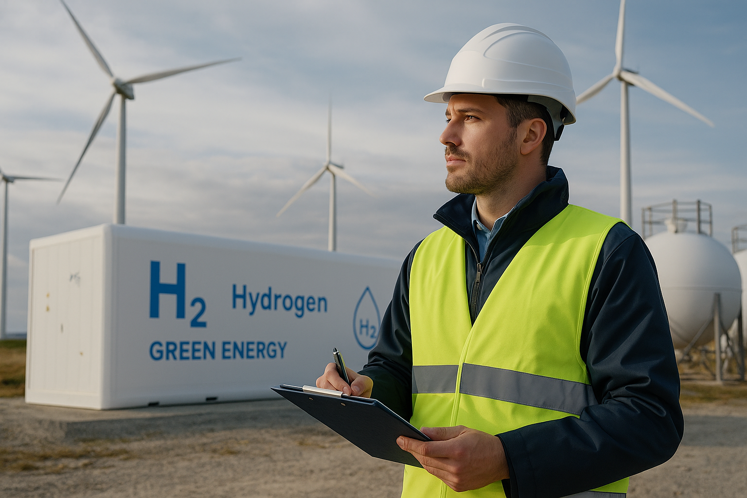 Engenheiro inspecionando planta de hidrogênio verde com turbinas eólicas ao fundo.