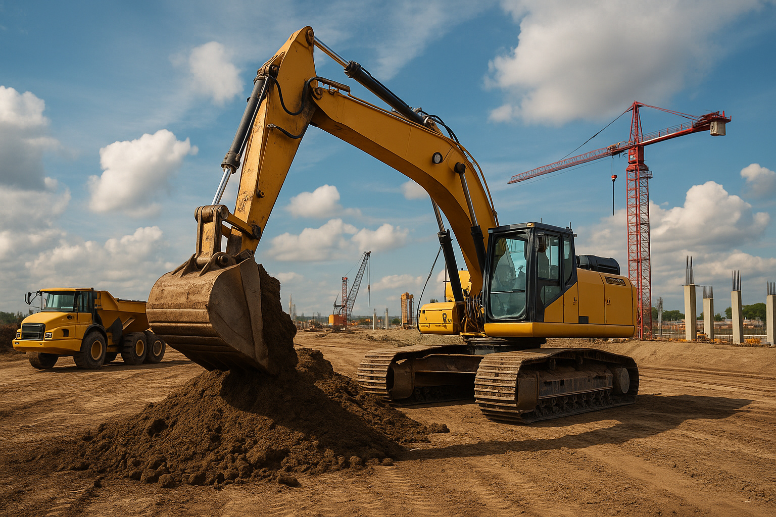 Escavadeira amarela operando em canteiro de obras com guindaste e caminhão ao fundo