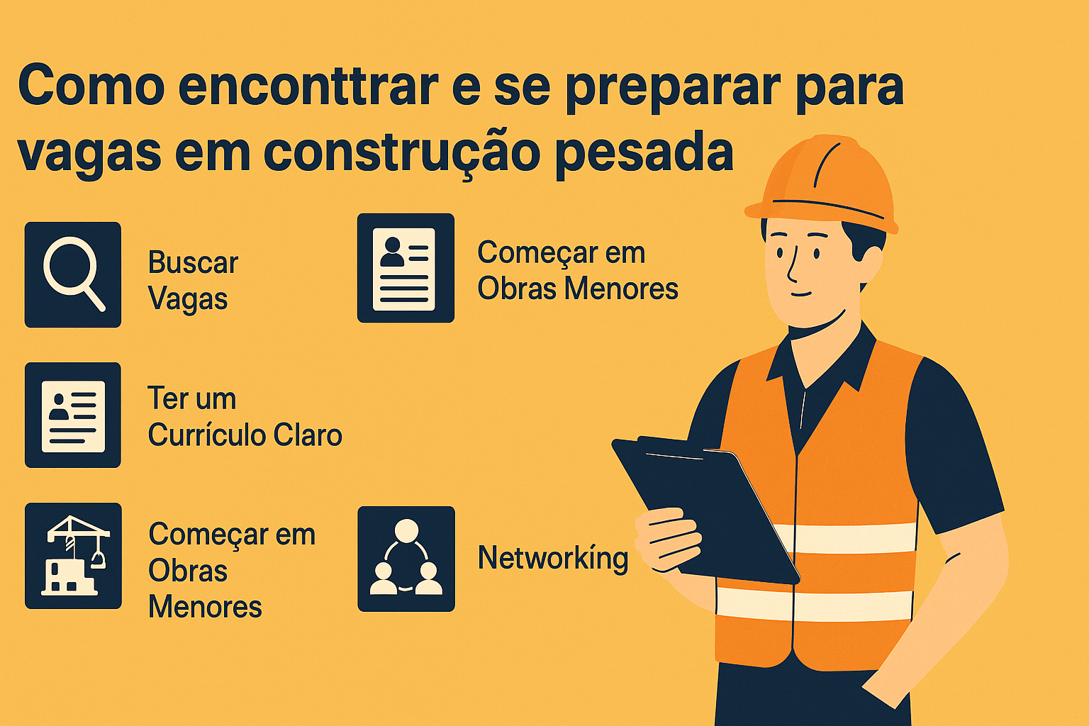 Infográfico con consejos sobre cómo encontrar y prepararse para vacantes en construcción pesada, con íconos representando búsqueda de vacantes, currículum, obras menores y networking al lado de un trabajador con casco y carpeta.