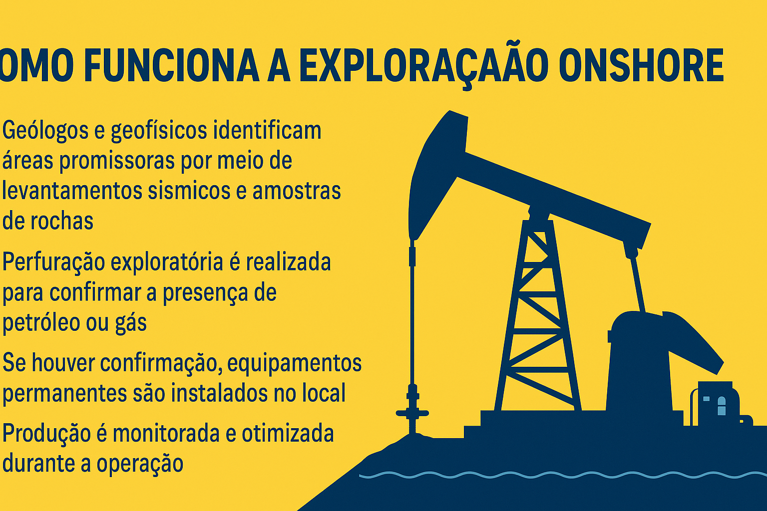 Infográfico explicando las etapas del funcionamiento de la exploración onshore, con ilustración de bomba de extracción de petróleo sobre fondo amarillo.