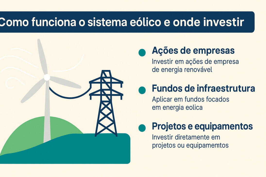 Infografía ilustrando cómo funciona el sistema eólico y dónde invertir, con íconos de turbina eólica, torre de energía y opciones de inversión listadas.