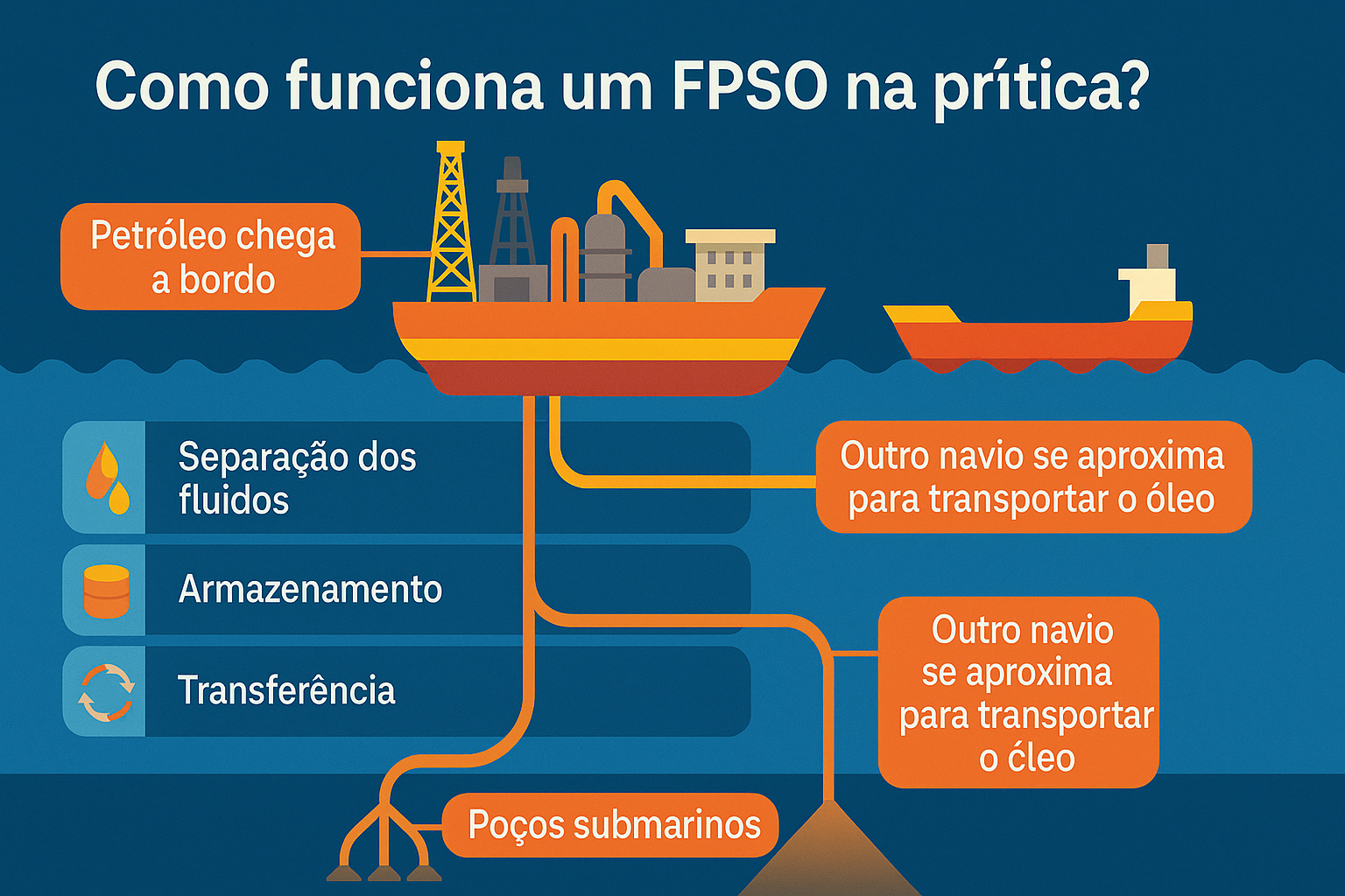 Infografía ilustrando el funcionamiento de un FPSO, con destaque para pozos submarinos, separación de fluidos, almacenamiento y transferencia de petróleo para buques aliviadores.