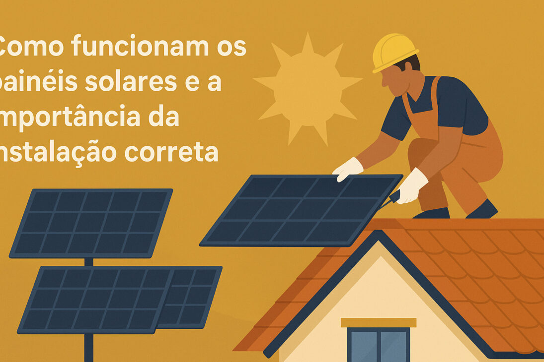 Infográfico de un técnico instalando paneles solares en el techo de una casa bajo el sol, al lado de paneles solares en suelo y texto explicativo sobre su funcionamiento e instalación correcta.