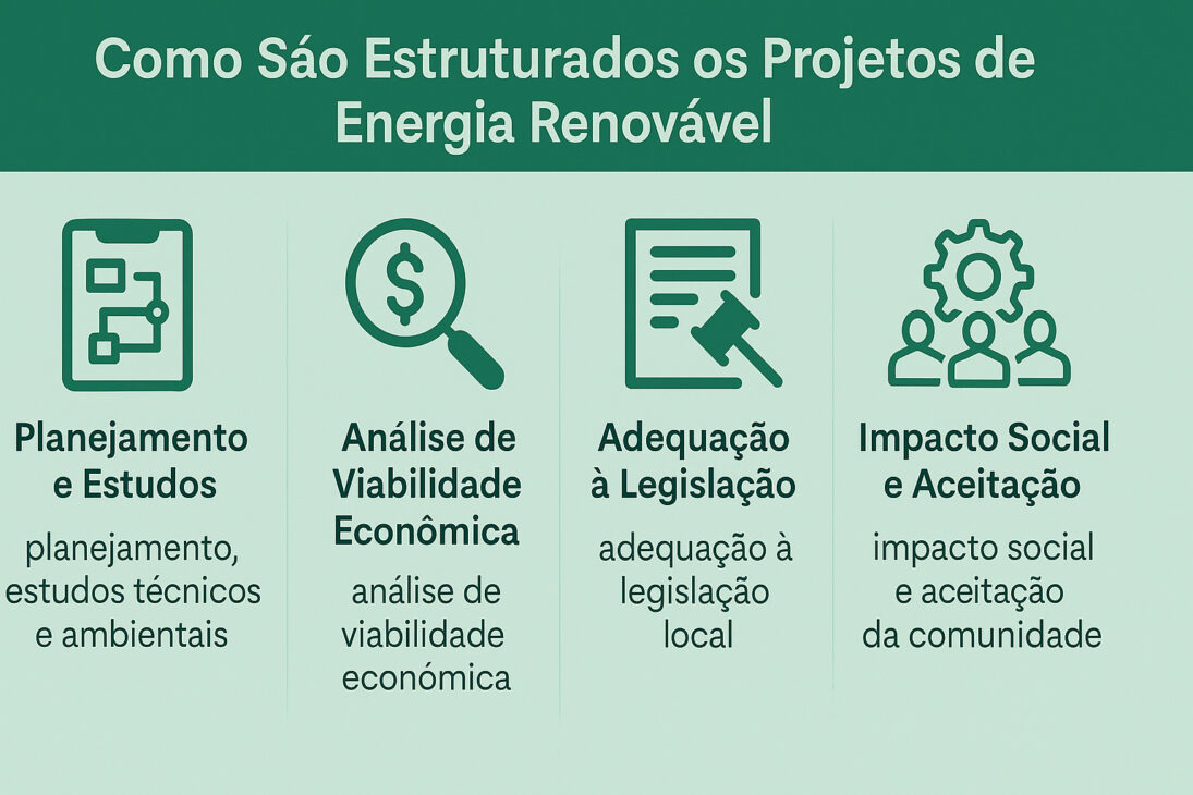 Infográfico explicando la estructura de los proyectos de energía renovable, con cuatro etapas: planificación y estudios, análisis de viabilidad económica, adecuación a la legislación e impacto social y aceptación.
