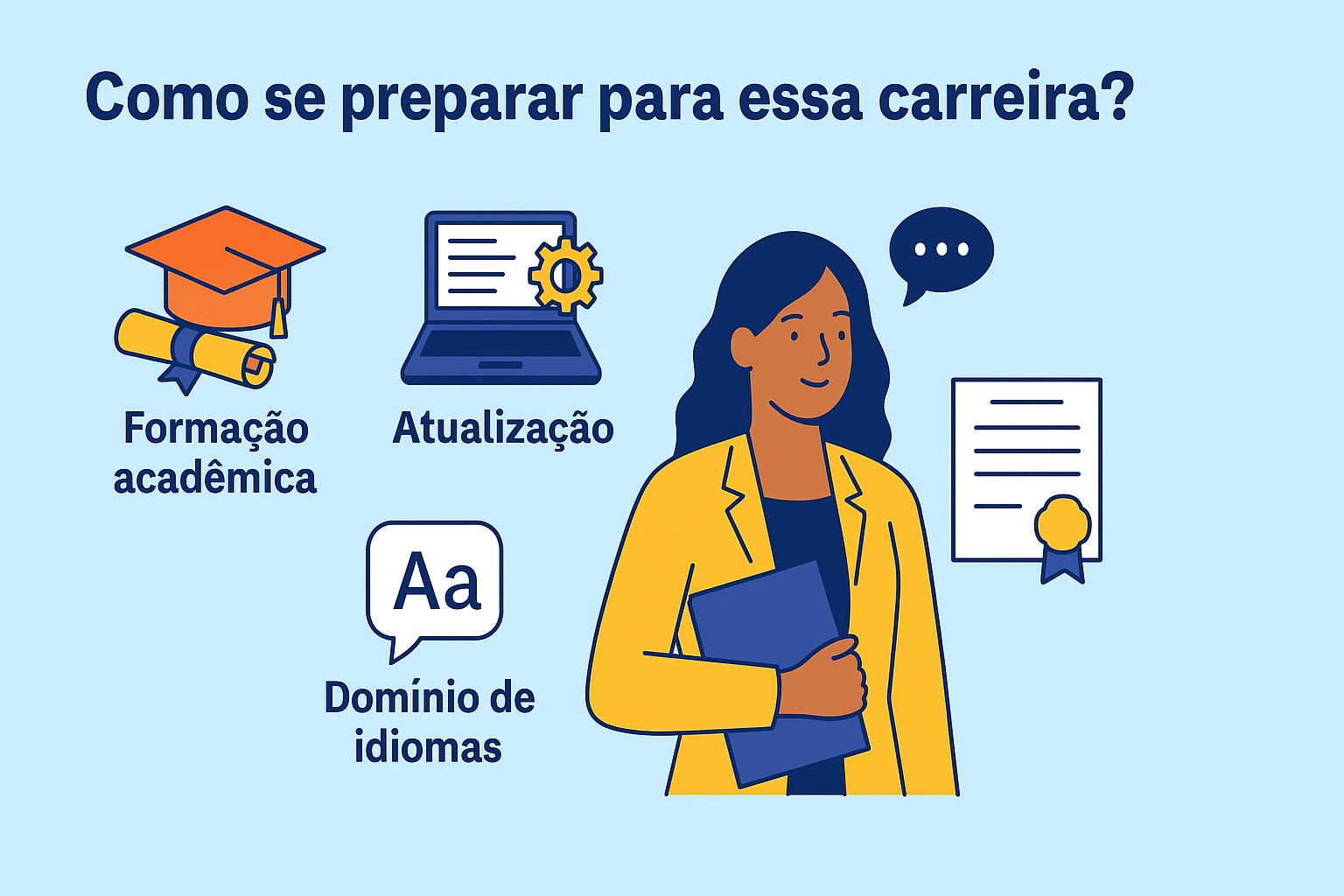 Infografía ilustrada mostrando a una mujer sosteniendo una carpeta e íconos representando formación académica, actualización profesional, dominio de idiomas y certificaciones técnicas.