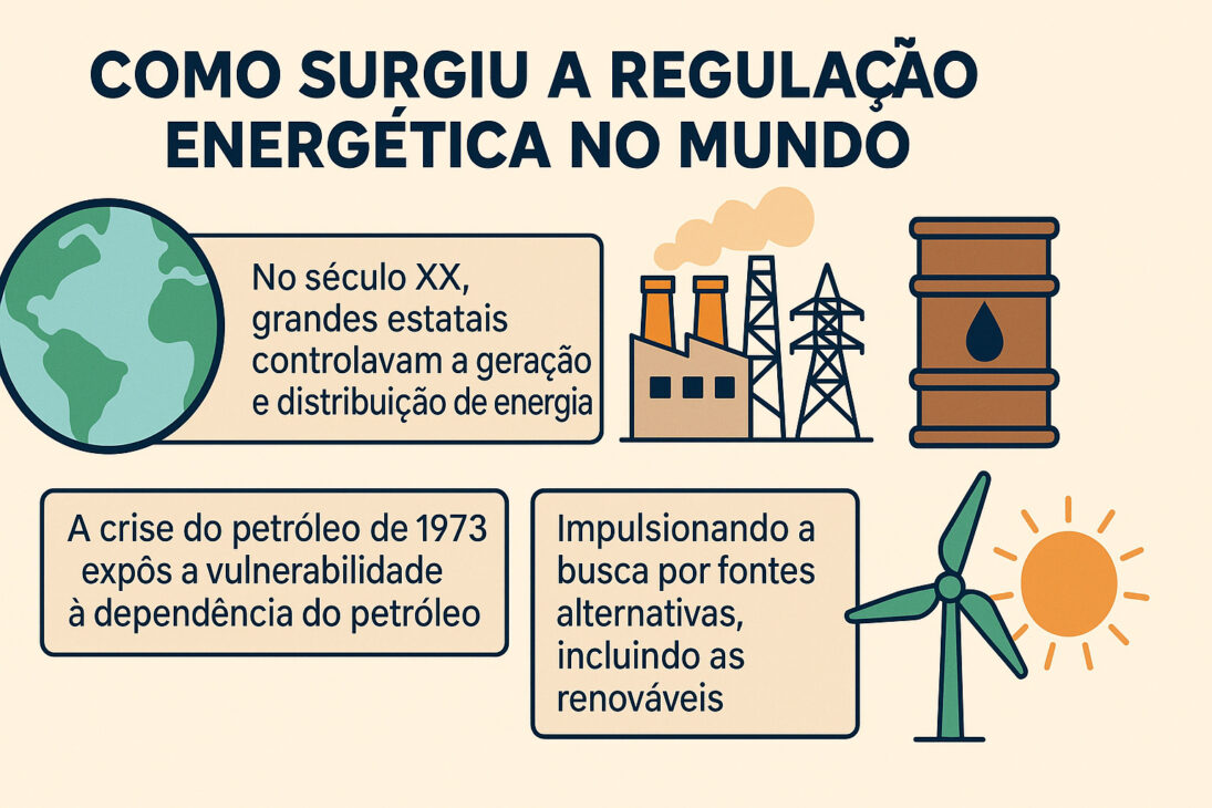 Infográfico ilustrando la origen de la regulación energética en el mundo, con íconos de planeta, plantas, barril de petróleo, turbina eólica y sol, destacando eventos como el control estatal en el siglo XX y la crisis del petróleo de 1973.