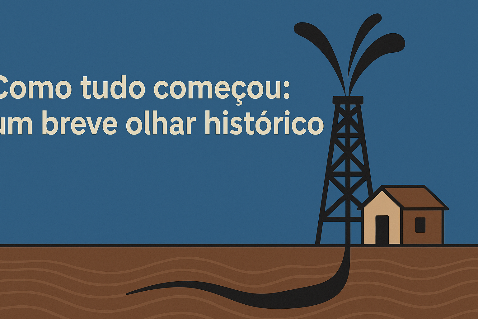 Infografía en estilo flat design mostrando una torre de perforación de petróleo arrojando aceite al lado de una pequeña construcción, con el texto "Cómo todo comenzó: una breve mirada histórica" sobre un fondo azul.