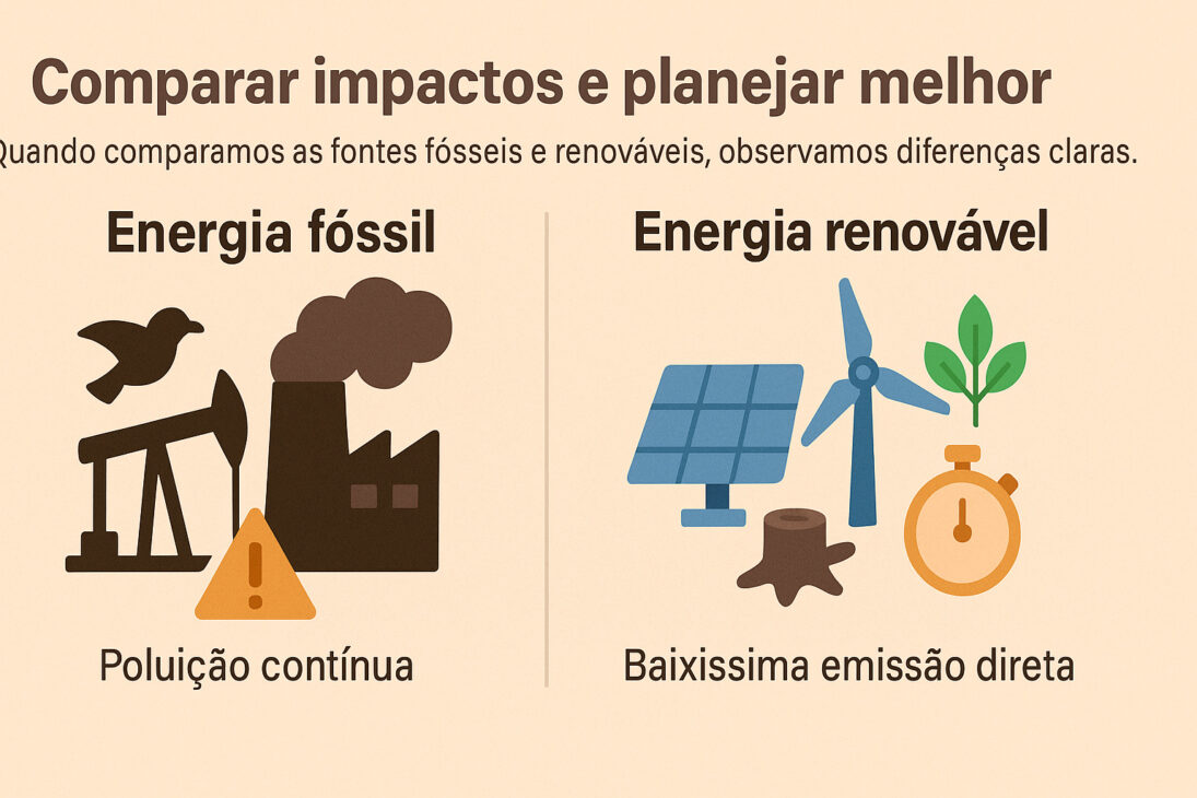 Infográfico comparando os impactos ambientais da energia fóssil e da energia renovável, com ícones ilustrativos e texto explicativo em português.