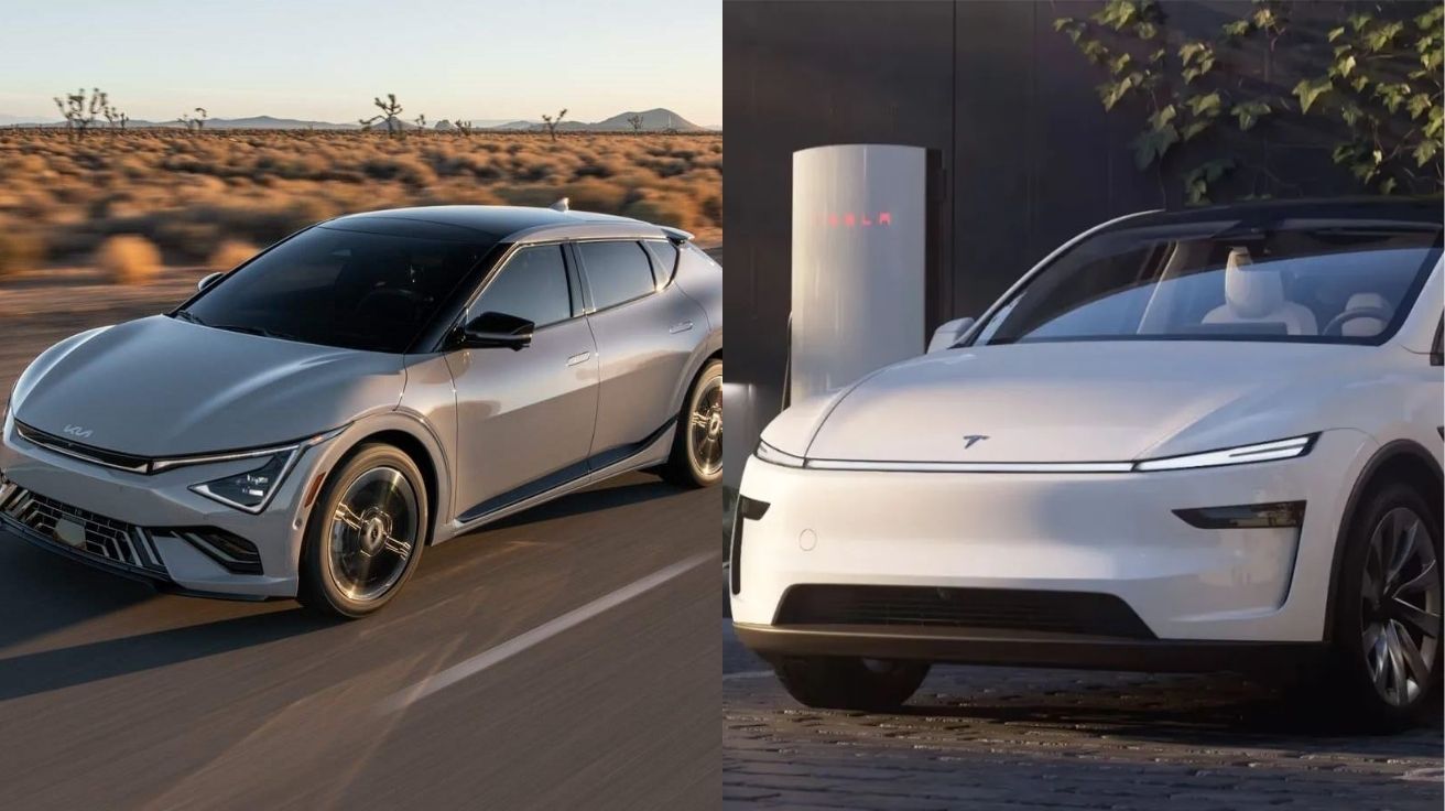 Imagem lado a lado do Kia EV6 e do Tesla Model Y destacando design e estilo dos SUVs elétricos rivais