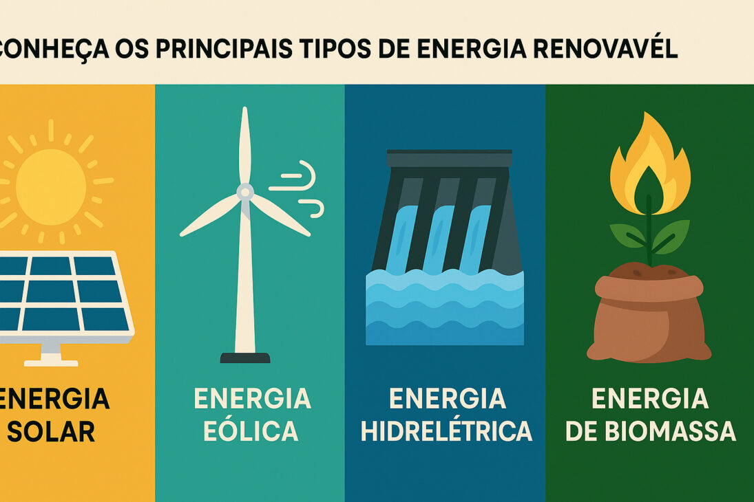 Infográfico ilustrando cuatro tipos principales de energía renovable: energía solar con panel y sol, energía eólica con turbina y viento, energía hidroeléctrica con represa y agua, y energía de biomasa con planta y llama.