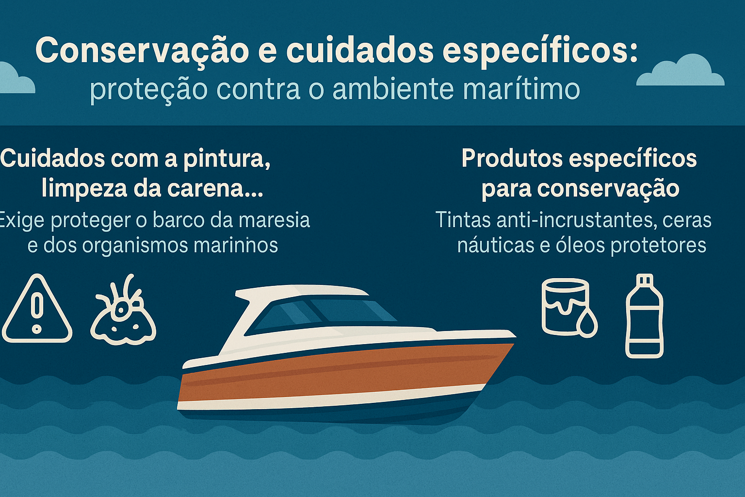 Infográfico em estilo flat mostrando cuidados com a conservação de embarcações, incluindo pintura da carena e uso de produtos contra maresia e bioincrustação.