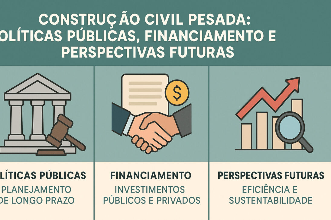 Infográfico sobre políticas públicas, financiación y perspectivas futuras en la construcción civil pesada, con íconos representando gobierno, inversión y crecimiento sostenible.