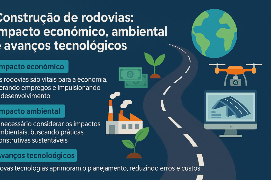 Infografía sobre construcción de carreteras, destacando impacto económico, ambiental y avances tecnológicos con íconos de carretera, fábrica, planta, dinero, globo terráqueo, dron y computadora.