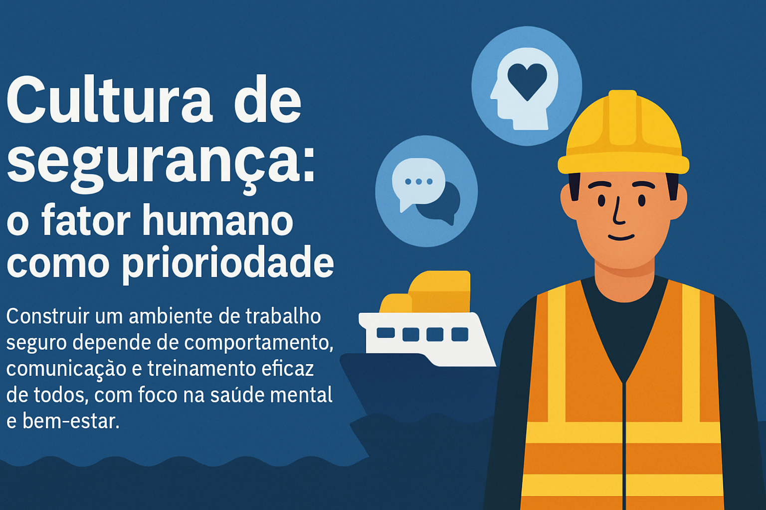 Infografía con el título “Cultura de seguridad: el factor humano como prioridad”, presentando un trabajador con EPI, íconos de comunicación y salud mental, y un barco al fondo.