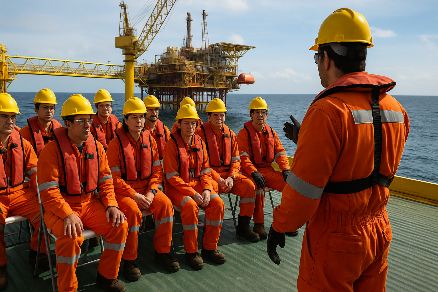 Treinamento de segurança com trabalhadores offshore em plataforma marítima.