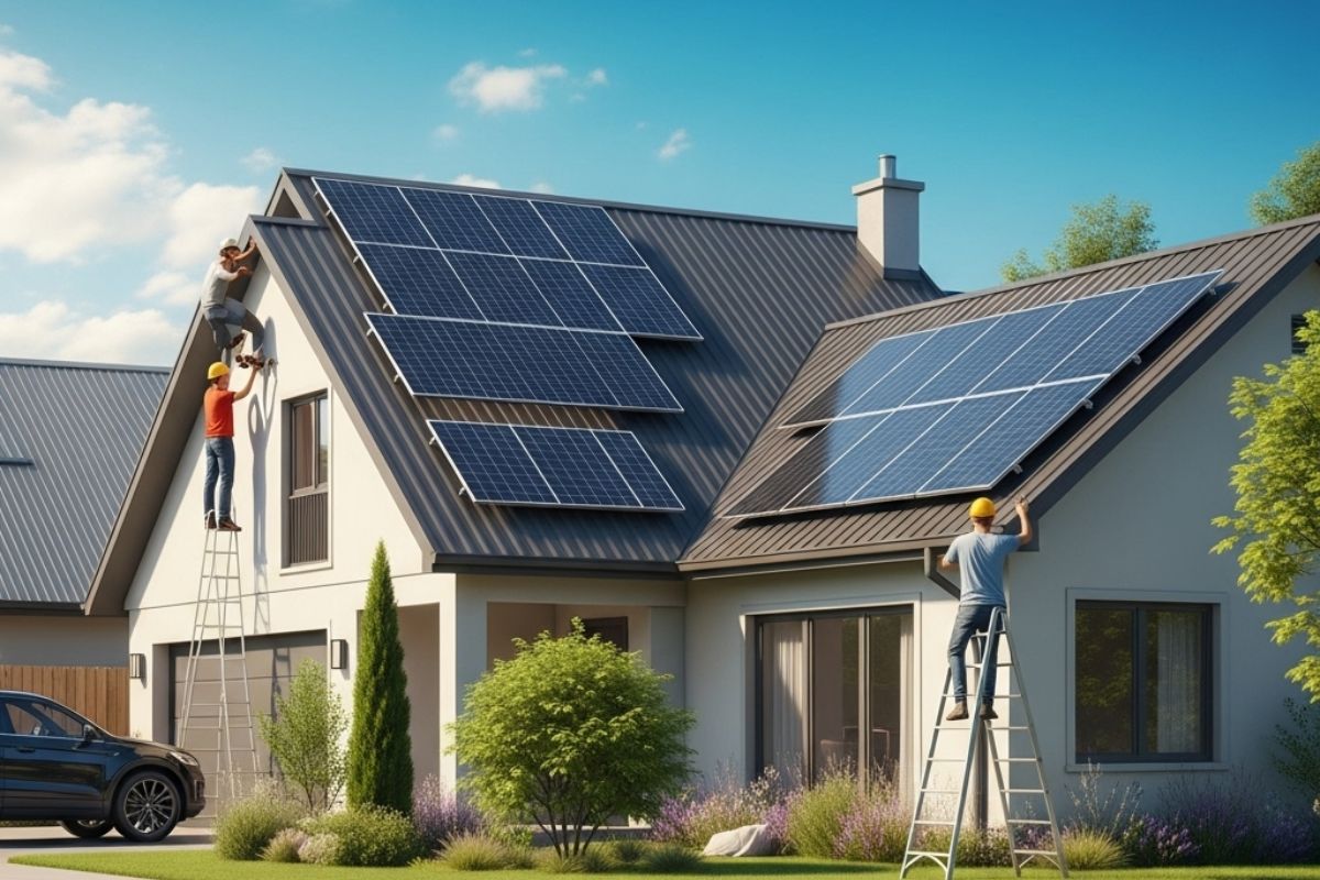 O sistema de placas solares para gerar 500 kWh, com cerca de 11 painéis de 450Wp e gerando a energia mensal para uma residência no Brasil