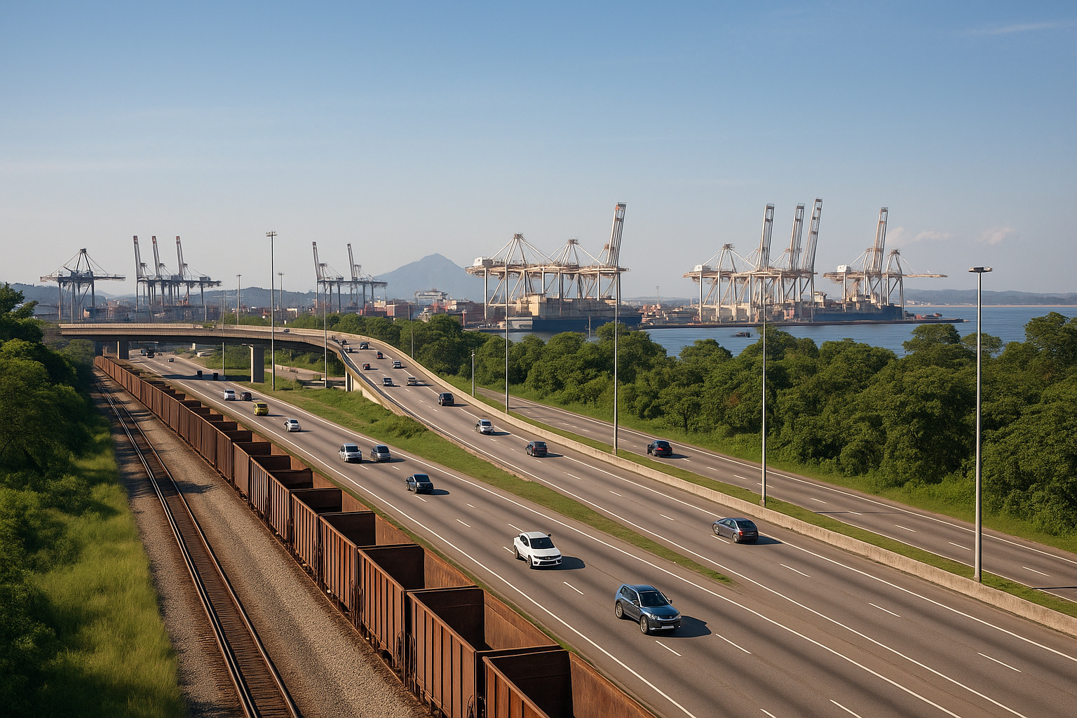 Infraestrutura no Brasil com rodovia, ferrovia e porto ao fundo.