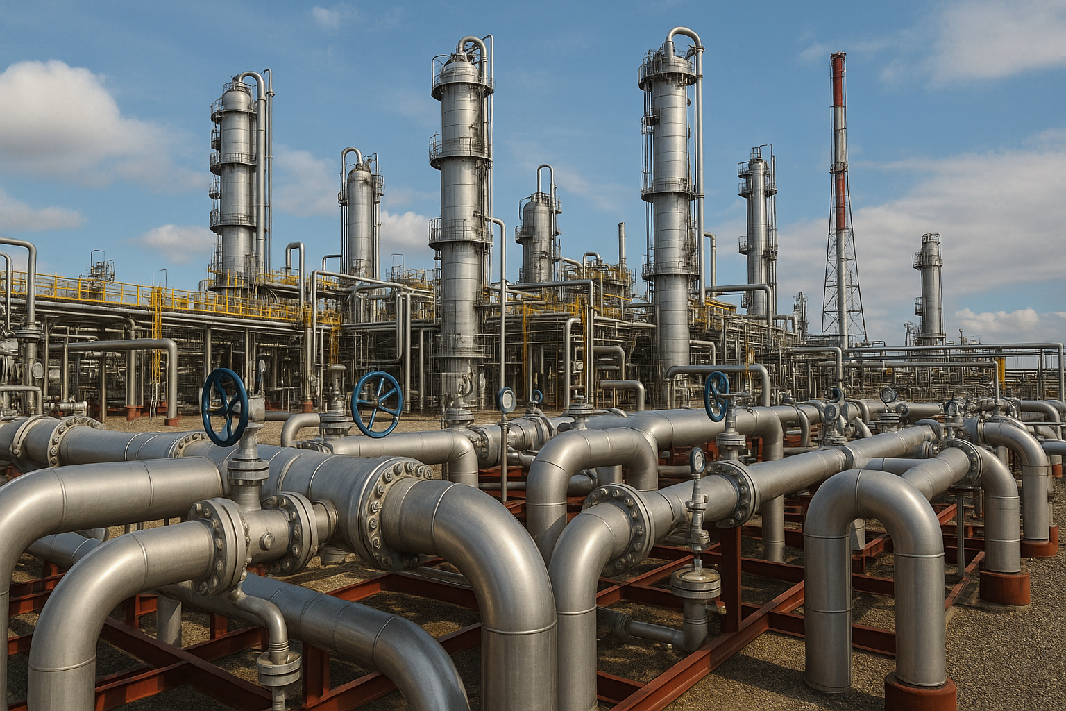 Instalação industrial com tubulações metálicas e colunas de destilação, simbolizando inovação no setor de petróleo e gás.