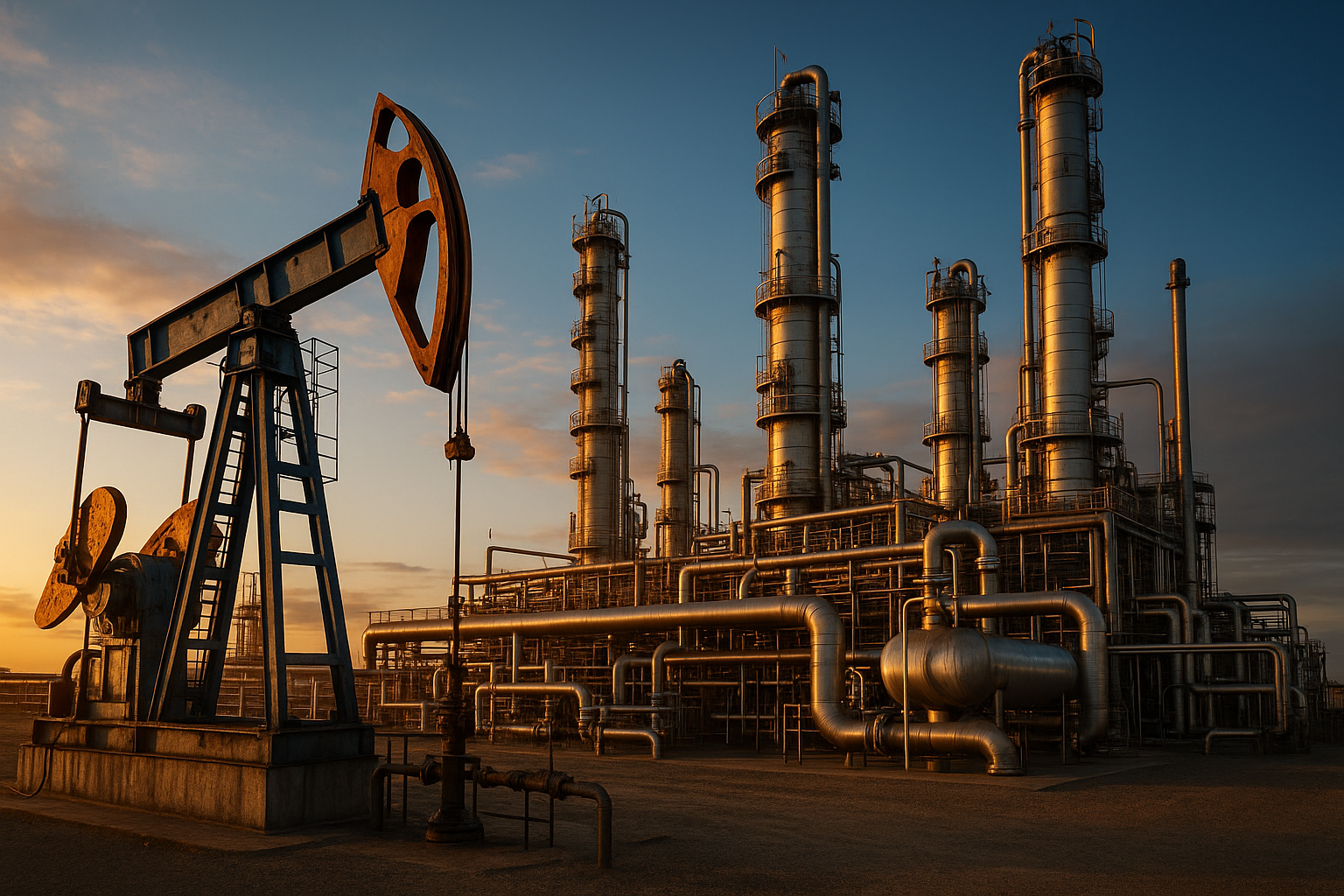 Plataforma de petróleo com equipamentos industriais ao pôr do sol