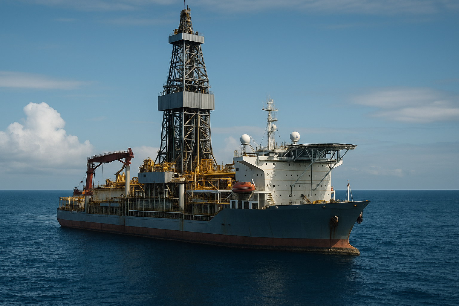 Navio-sonda em alto-mar com torre de perfuração e equipamentos operacionais sob céu parcialmente nublado.