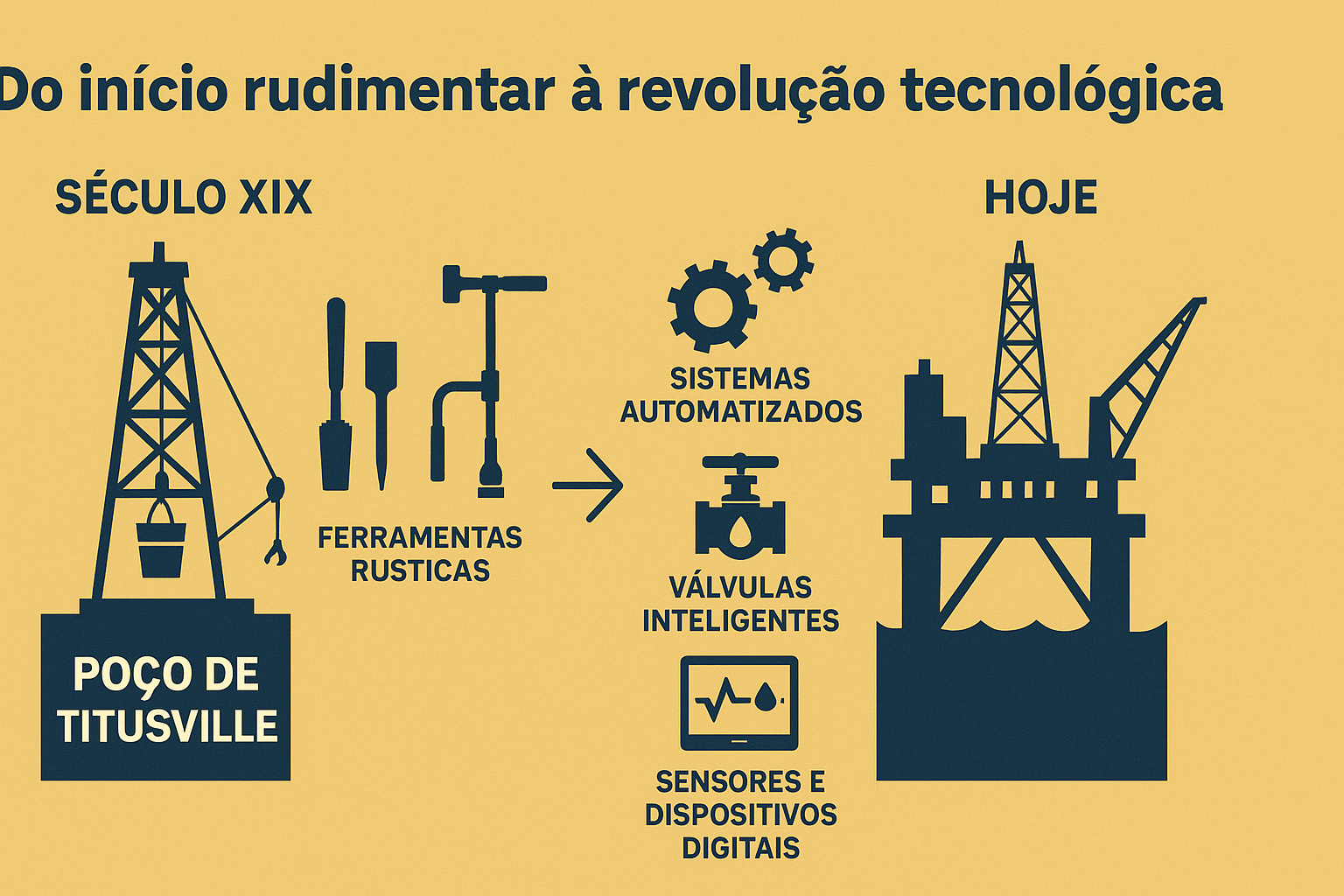 Infográfico mostrando la evolución de los equipos de petróleo y gas, desde herramientas rudimentarias del siglo XIX hasta plataformas offshore modernas con sistemas automatizados.