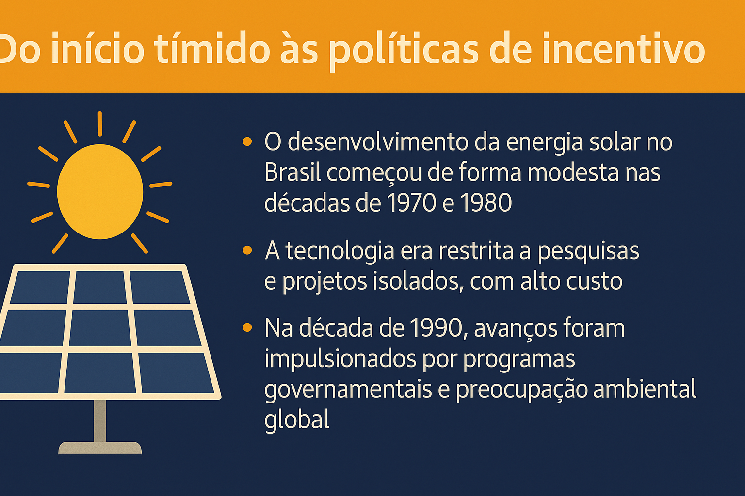 Infografía sobre el inicio del desarrollo de la energía solar en Brasil, destacando hitos históricos y políticas de incentivo.