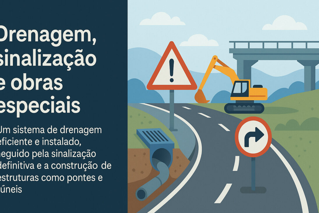 Infografía ilustrando drenaje, señalización y obras especiales en carreteras, con excavadora, placas de tránsito y construcción de puente.