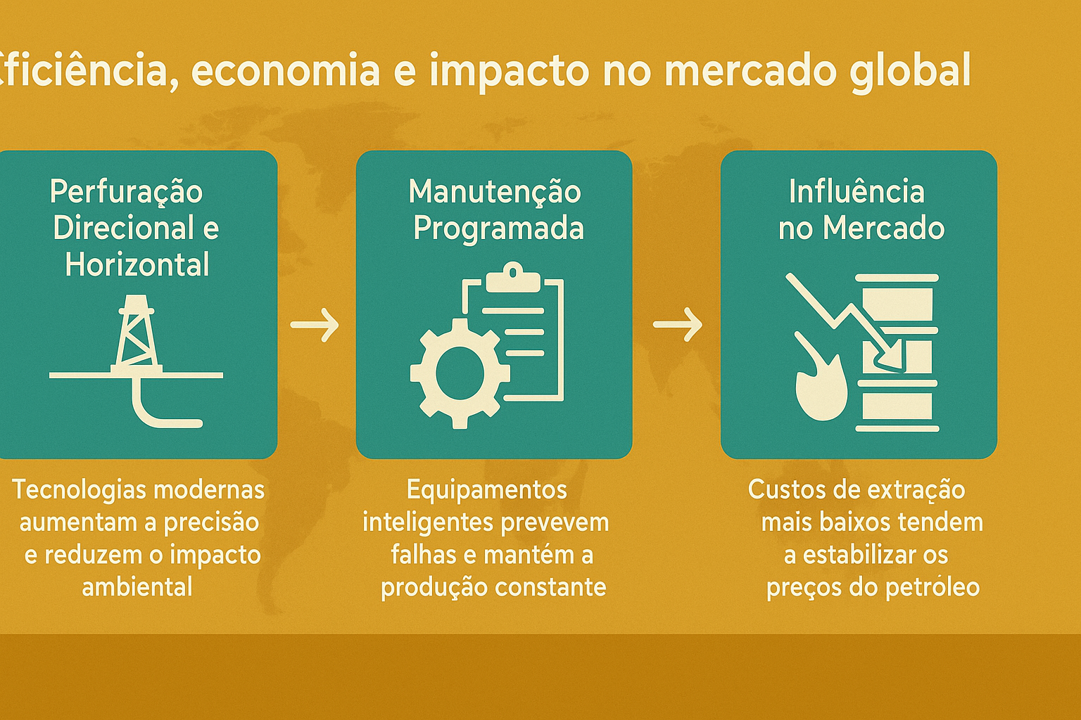 Infográfico ilustrando la relación entre eficiencia, economía e impacto en el mercado global del petróleo, con íconos de perforación, mantenimiento y mercado.