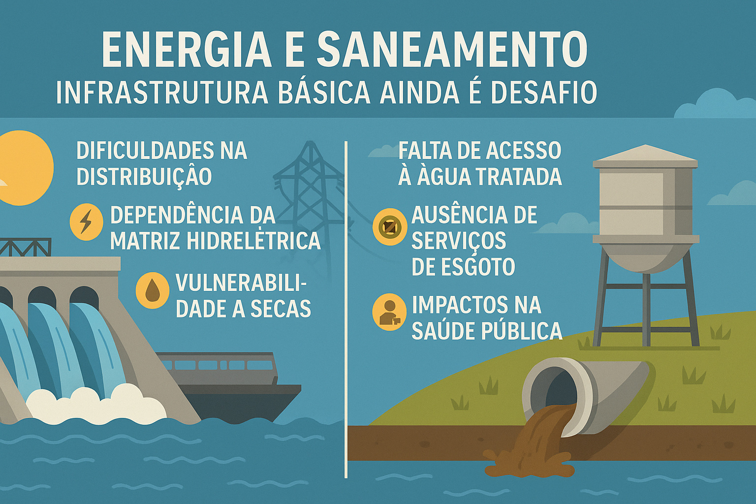 Infografía dividida entre energía y saneamiento, con ilustraciones de una central hidroeléctrica, torre de energía, tanque de agua y alcantarillado a cielo abierto, destacando los desafíos de infraestructura en Brasil.