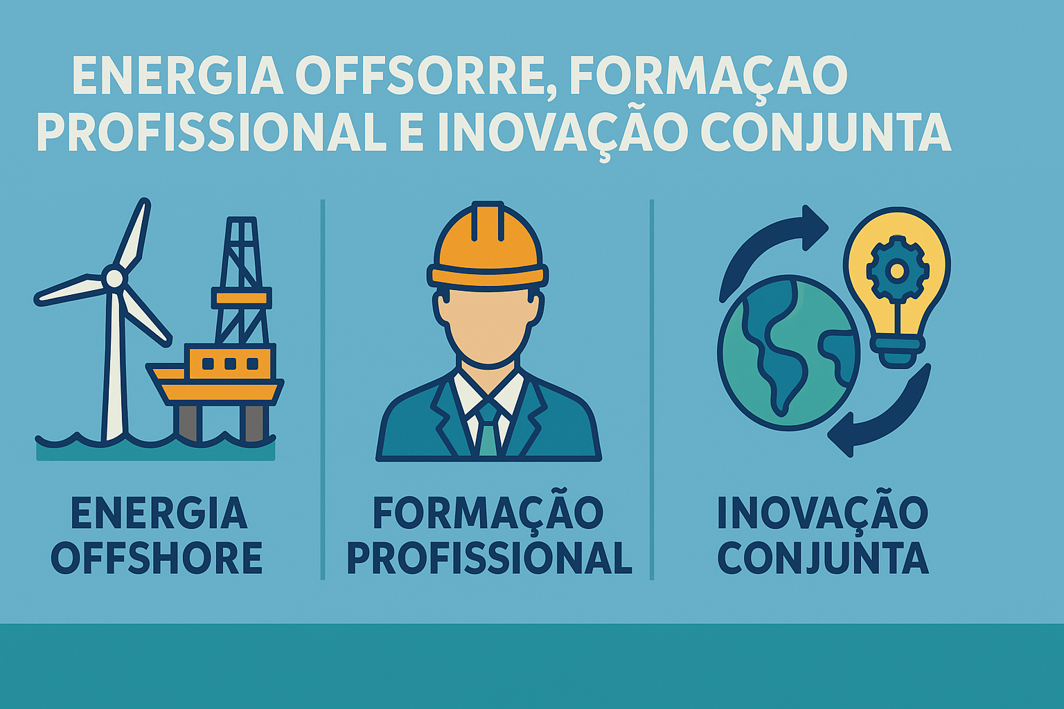 Infográfico ilustrando energía offshore, formación profesional e innovación conjunta, con íconos de turbina eólica, plataforma de petróleo, profesional con casco y globo con bombilla.