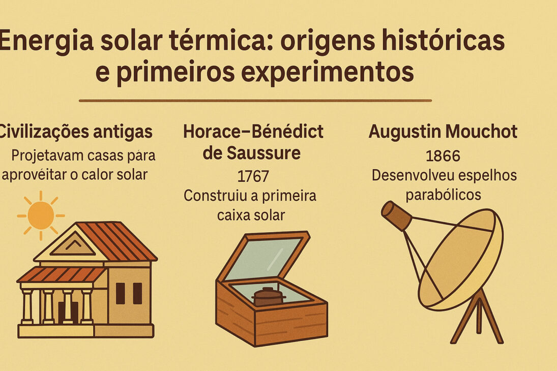 Infografía ilustrando los orígenes históricos de la energía solar térmica, con representaciones de civilizaciones antiguas, Horace-Bénédict de Saussure y Augustin Mouchot.