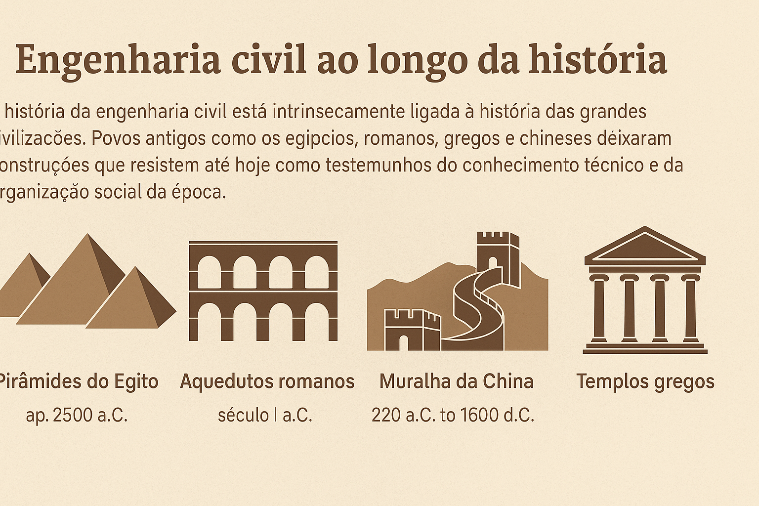 Infografía mostrando hitos históricos de la ingeniería civil, incluyendo las pirámides de Egipto, acueductos romanos, Muralla de China y templos griegos.