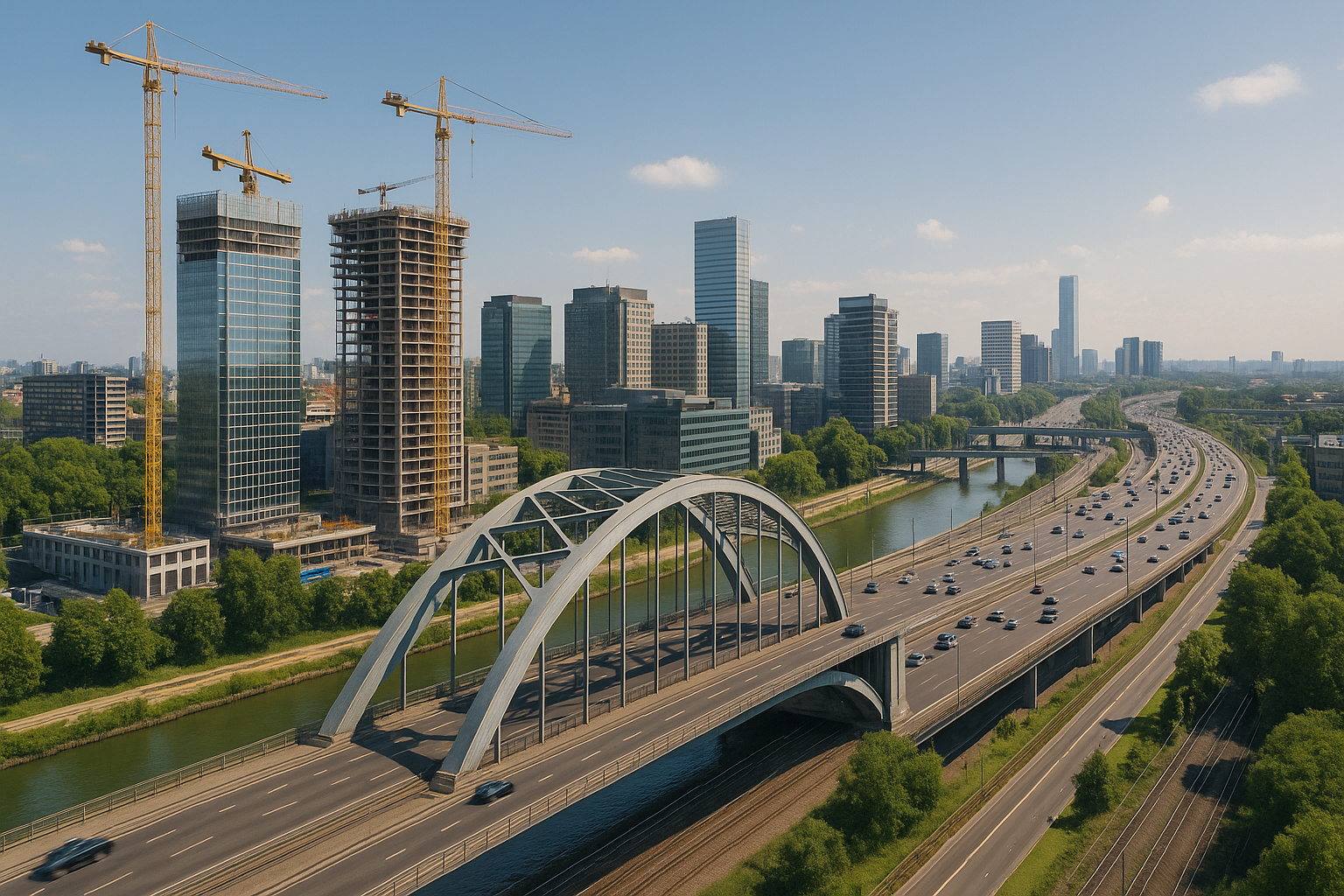 Vista aérea de uma ponte moderna sobre um rio, com arranha-céus e obras em andamento ao fundo.