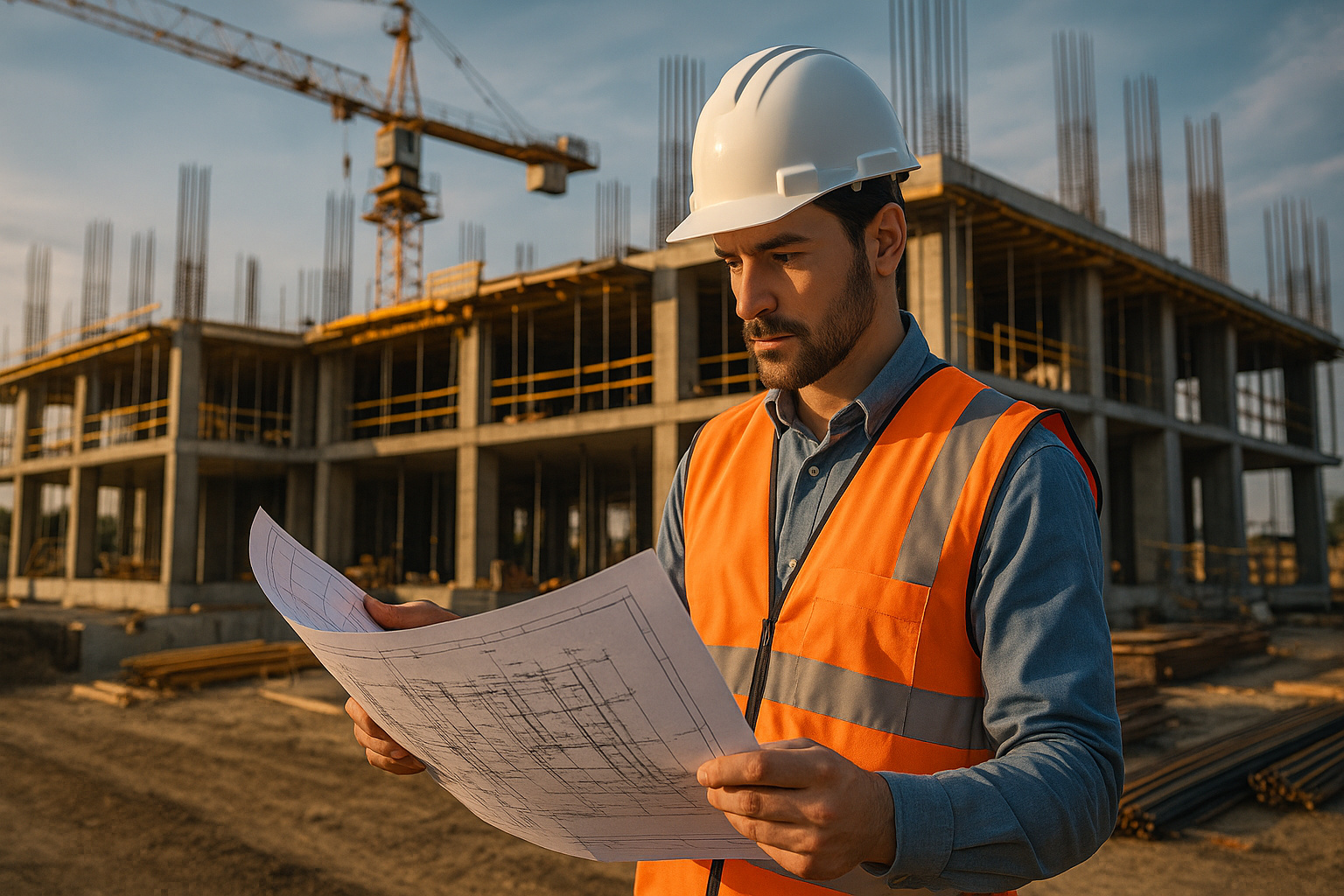 Engenheiro civil analisando planta em obra de construção com grua e estrutura de concreto ao fundo.