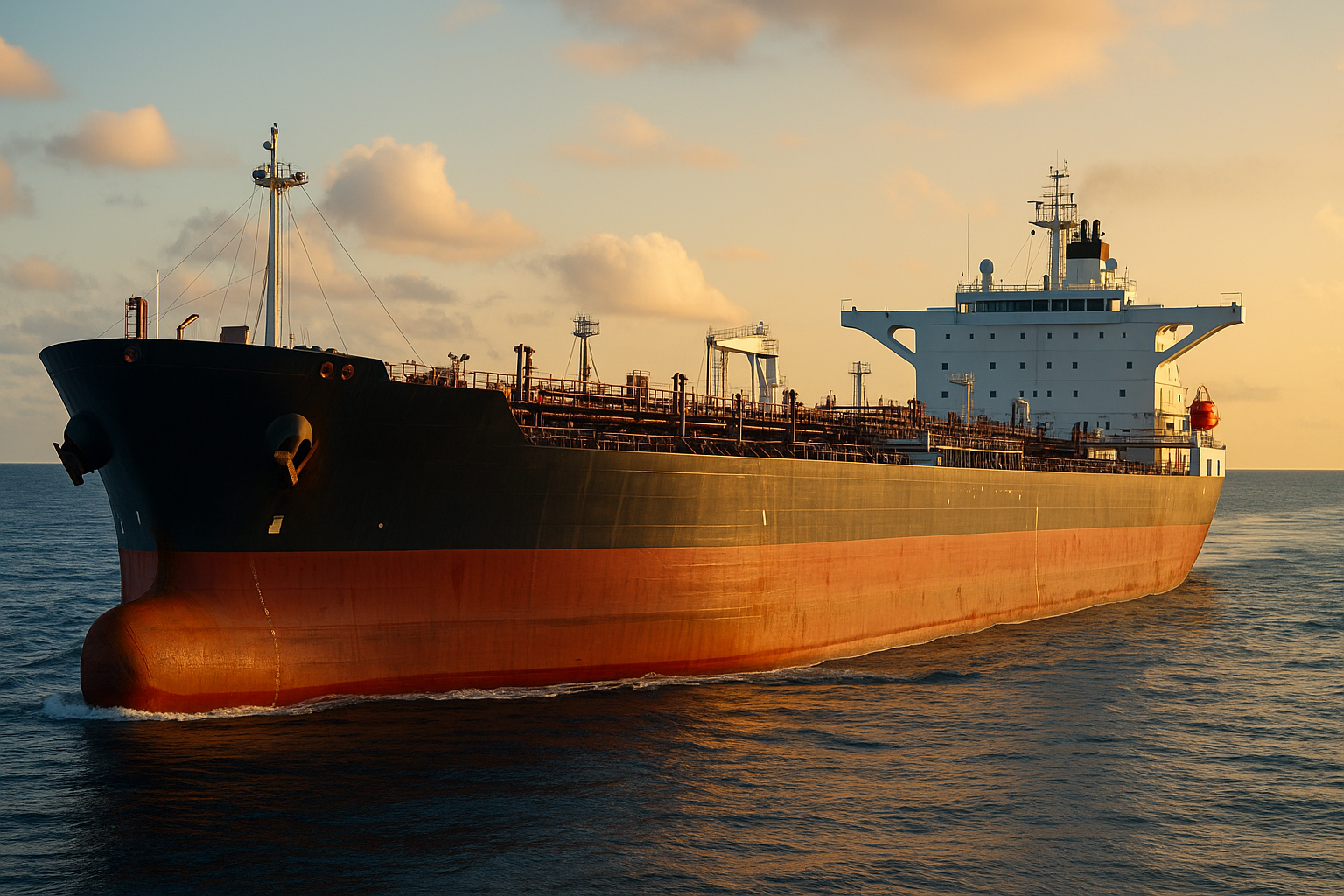 Navio petroleiro navegando no mar ao entardecer, com casco vermelho e estruturas superiores visíveis.