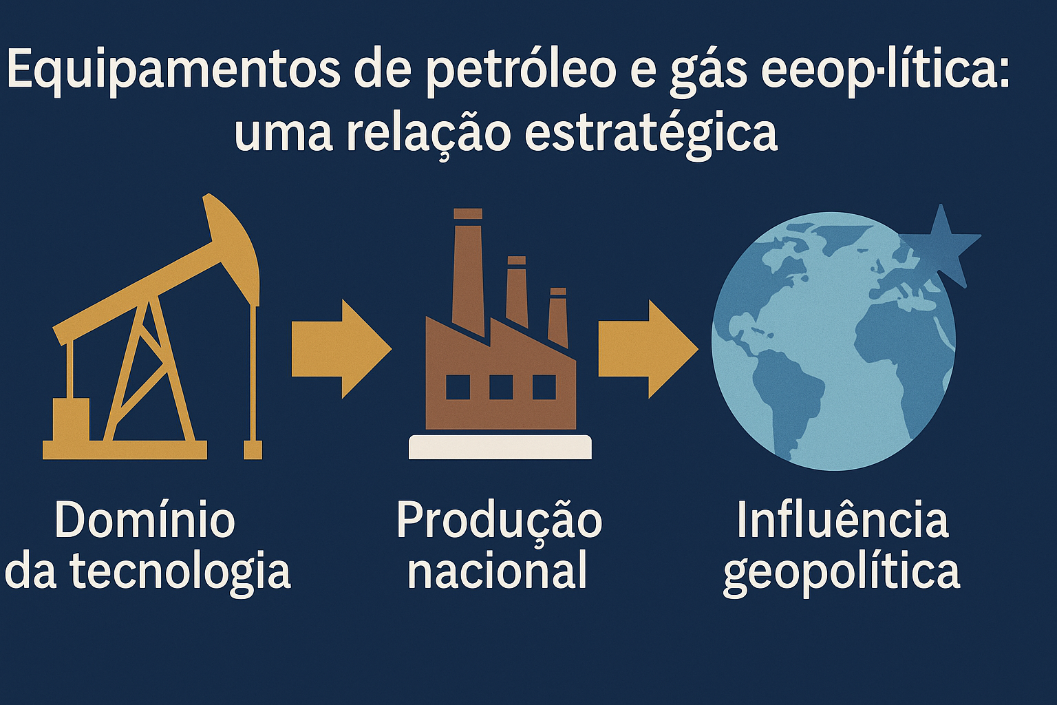 Infográfico mostrando la relación estratégica entre equipos de petróleo y gas, producción nacional e influencia geopolítica, con íconos de torre de perforación, fábrica y globo terrestre.