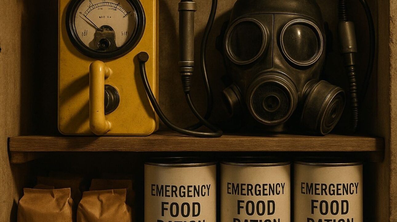 Contador Geiger, máscara de gas y raciones de emergencia almacenadas en estantería dentro de refugio de supervivencia