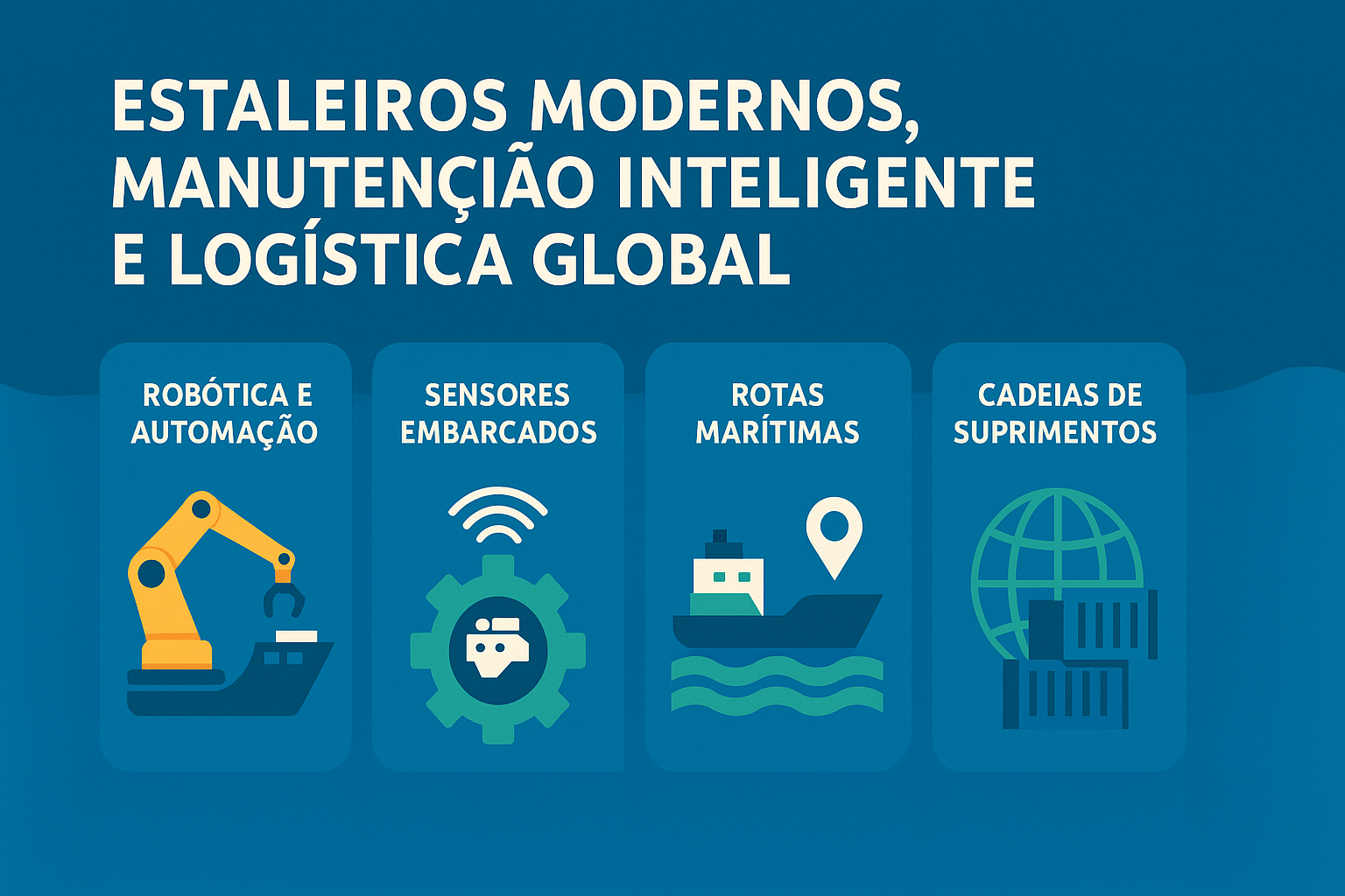 Infográfico sobre astilleros modernos, mantenimiento inteligente y logística global, con íconos representando robótica, sensores embarcados, rutas marítimas y cadenas de suministro.