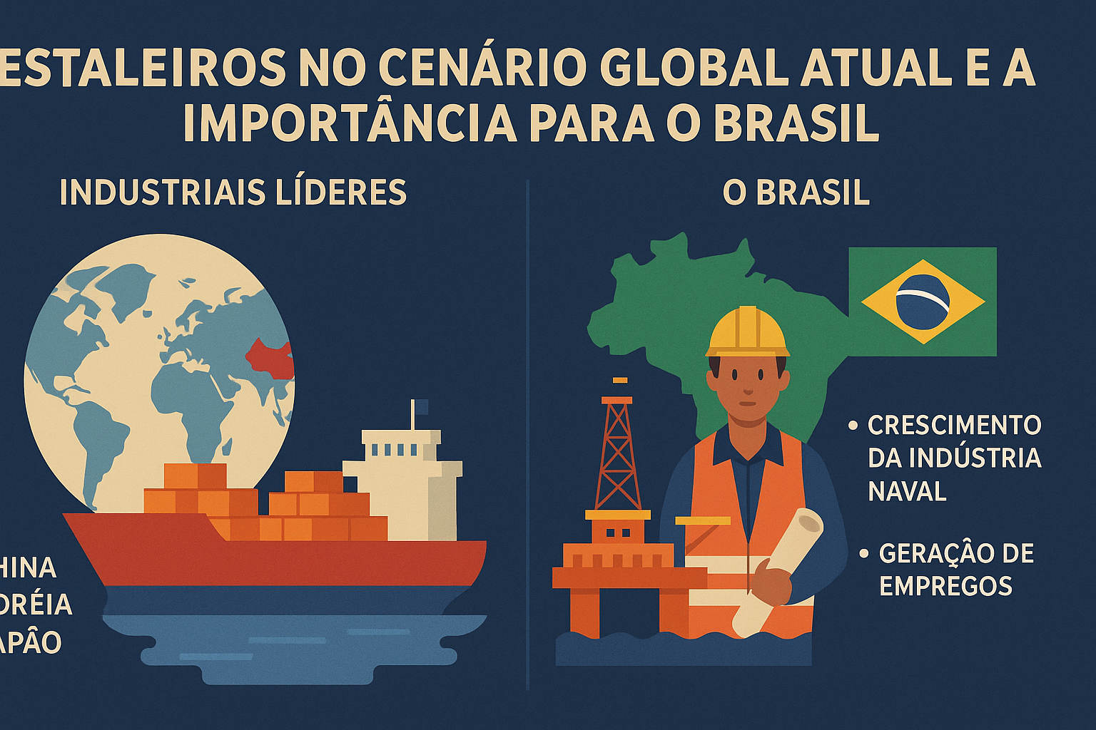 Infográfico en estilo flat mostrando líderes mundiales en la industria naval (China, Corea del Sur y Japón) y Brasil con destaque para el crecimiento de la industria naval y generación de empleos.