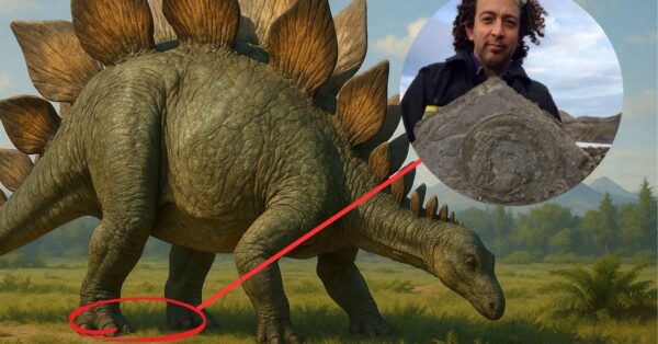 Ilustração em paisagem de um estegossauro caminhando em planície jurássica, com um círculo sobreposto mostrando Steve Cousins segurando bloco de arenito contendo pegada fossilizada; uma linha vermelha conecta o pé do dinossauro à imagem ampliada do fóssil.