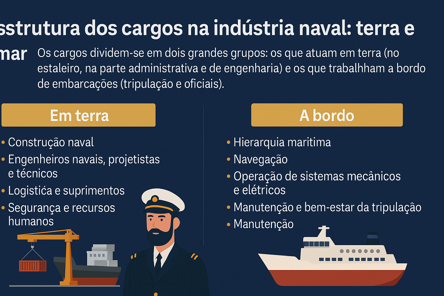 Infográfico en fondo azul marino con el título “Estructura de los cargos en la industria naval: tierra y mar”, mostrando la división entre cargos en tierra y a bordo, ilustrado con íconos de una grúa portuaria, un ingeniero naval y un barco.
