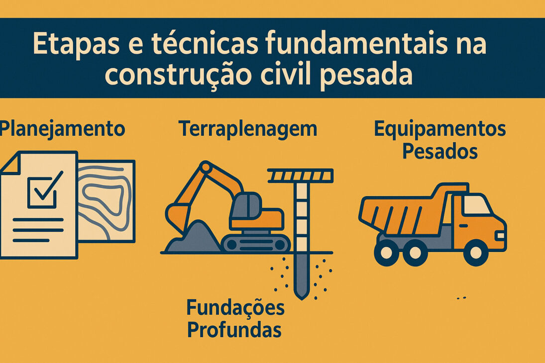 Infográfico ilustrando las etapas y técnicas fundamentales en la construcción civil pesada: planificación, movimiento de tierras, cimientos profundos y uso de equipos pesados.