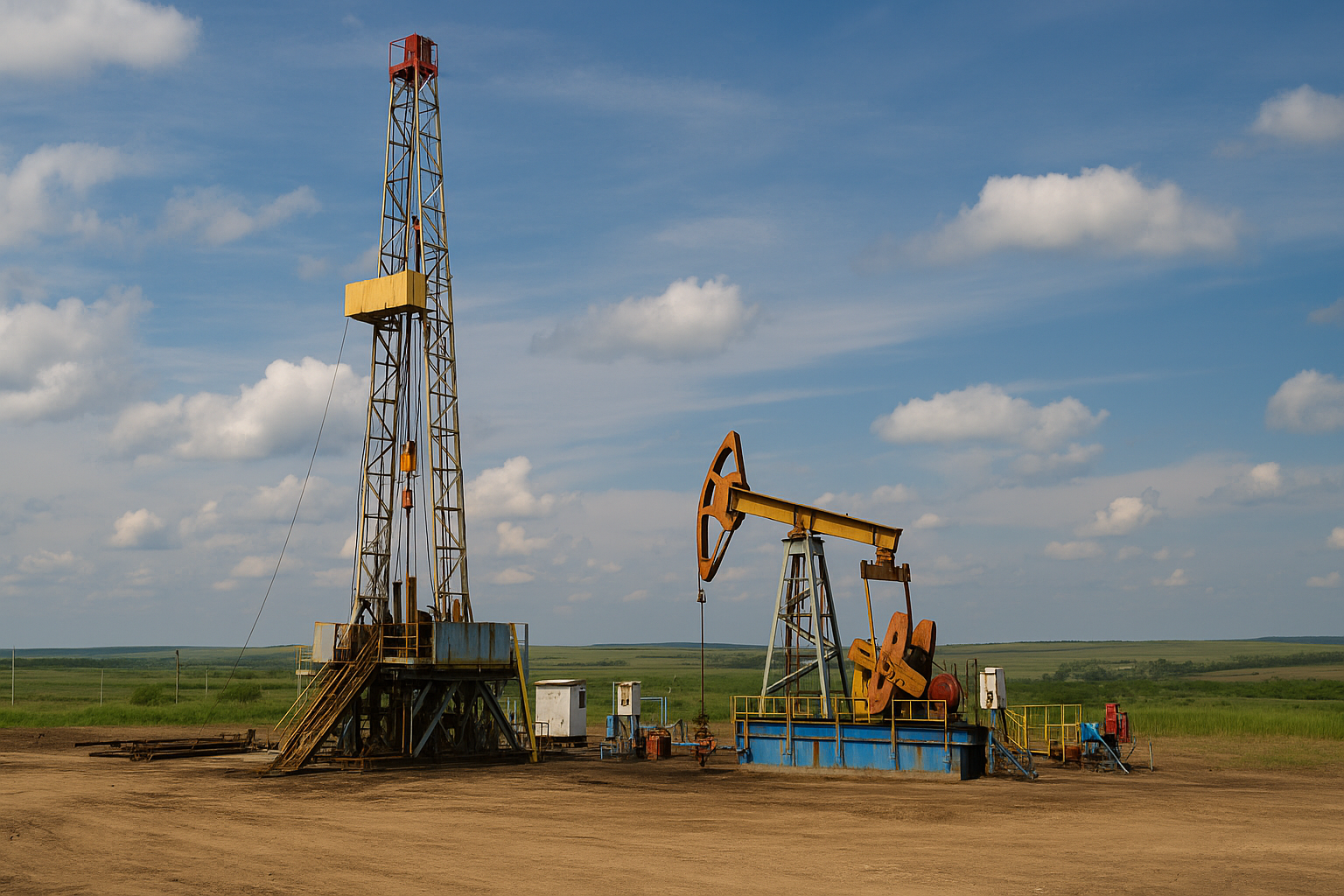 Equipamento de perfuração onshore operando em campo aberto sob céu azul.