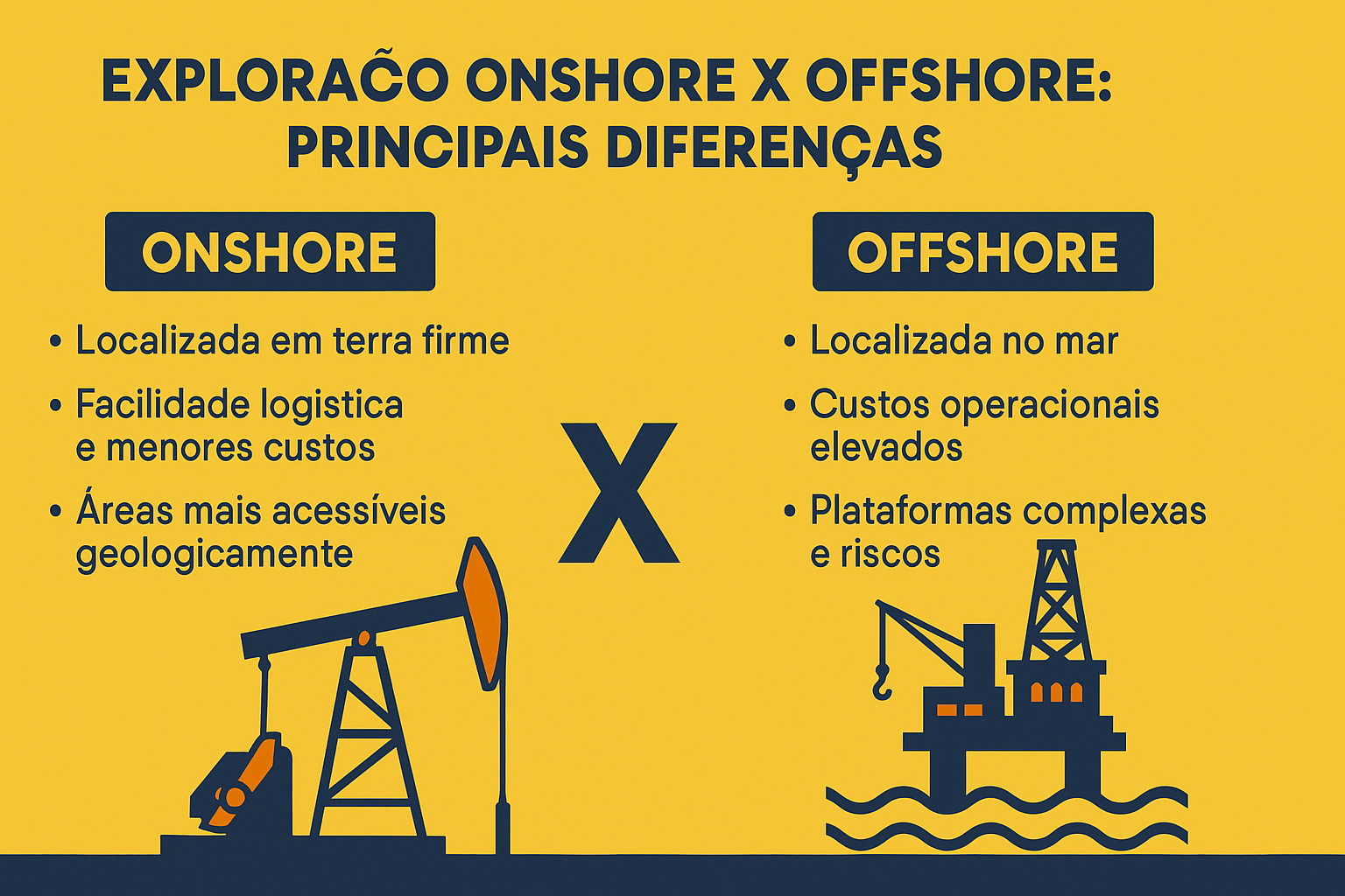 Infográfico comparando las principales diferencias entre la exploración onshore y offshore, con ilustraciones de bomba de petróleo en tierra y plataforma marítima.