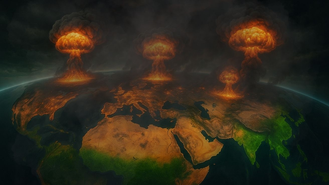 Explosões nucleares atingem EUA, Europa e Ásia enquanto América do Sul e Oceania aparecem intactas em mapa hiper-realista de guerra nuclear