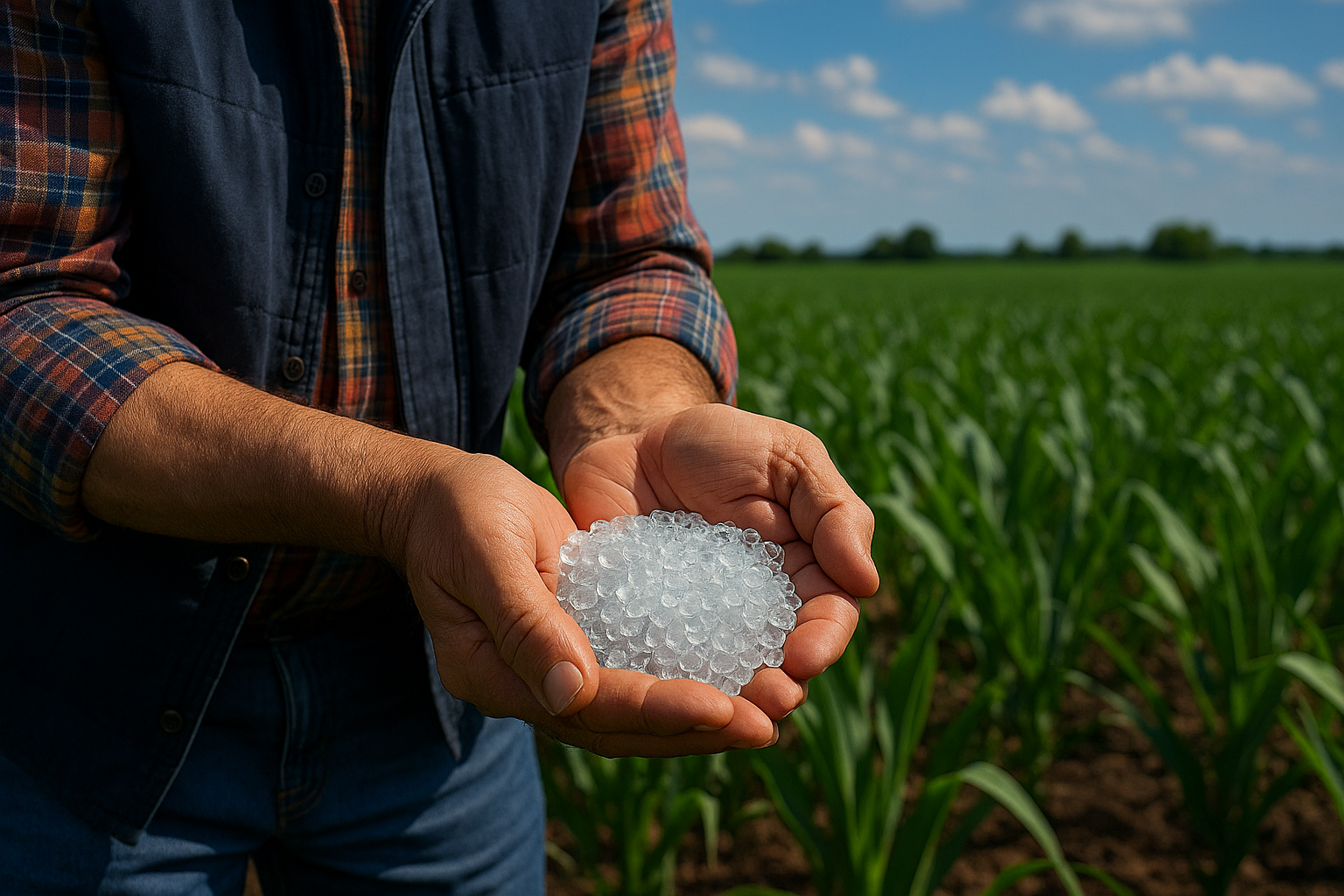Fertilizante de vidro sustentável nas mãos de agricultor sobre lavoura verde