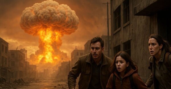 Cena realista mostra uma família em desespero correndo por uma rua destruída para se abrigar após um ataque nuclear. Ao fundo, uma imensa nuvem em forma de cogumelo se ergue no horizonte, iluminando a cidade devastada por radiação e escombros. A imagem simboliza os primeiros 10 minutos cruciais para a sobrevivência em um cenário de detonação nuclear.