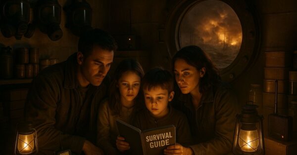 Família reunida em abrigo subterrâneo com lanternas, máscaras de gás e guia de sobrevivência durante cenário apocalíptico